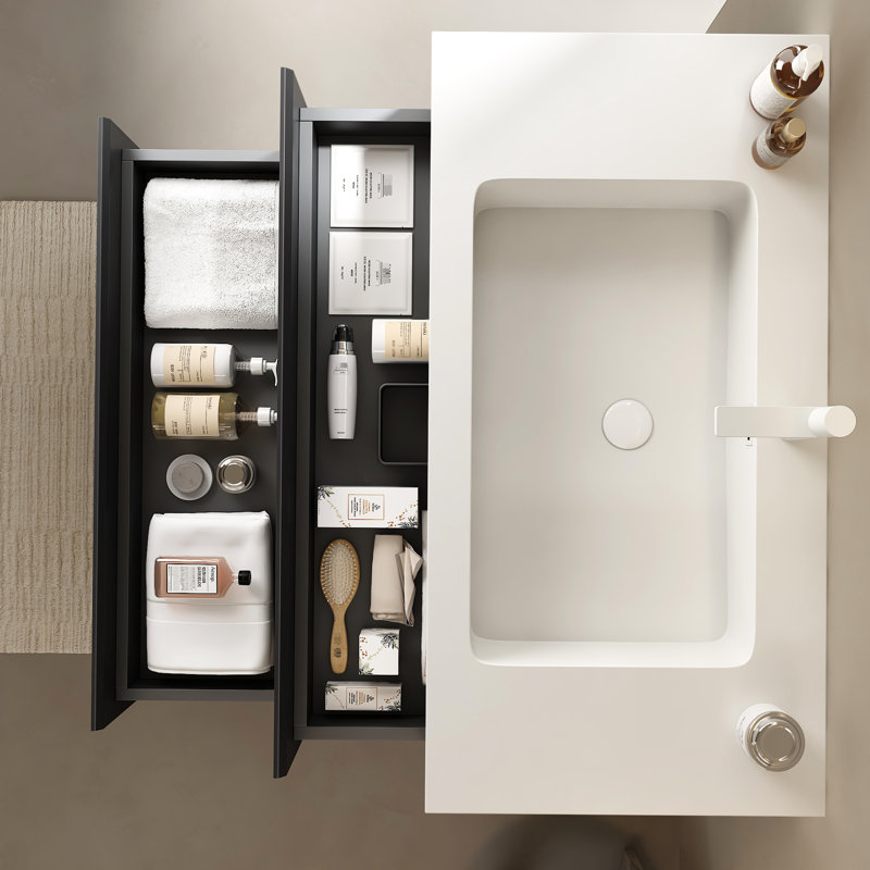 Lavabo sous-comptoir blanc rectangulaire de 36 po pour salle de bain - surface solide scandinave moderne, résistant aux égratignures, à l'usure, facile à nettoyer, trou de robinet et trop-plein, couvercle de lavabo et tuyau de drainage extensible, installation