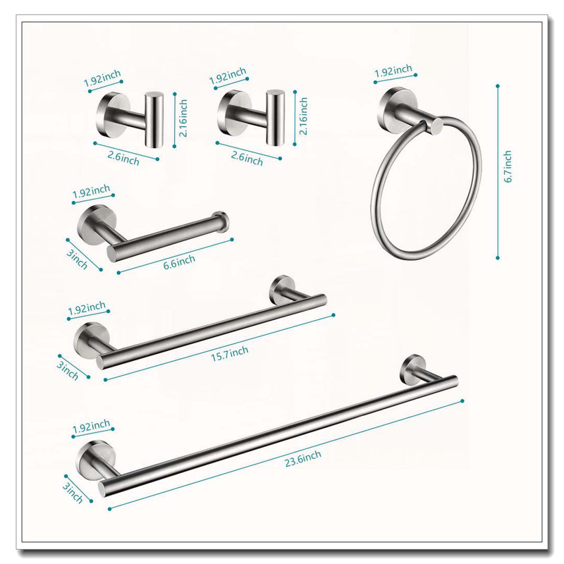 Ensemble de 6 serviettes à serviettes en acier inoxydable - fixation murale, Nickel brossé