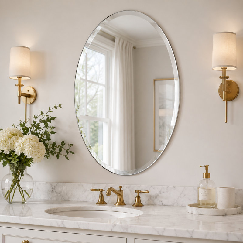 Frameless Beveled Oval Wall Mounted Vanity Accent Mirror for Bedroom, Bathroom, Living Room, or Entryway, 36" x 24"