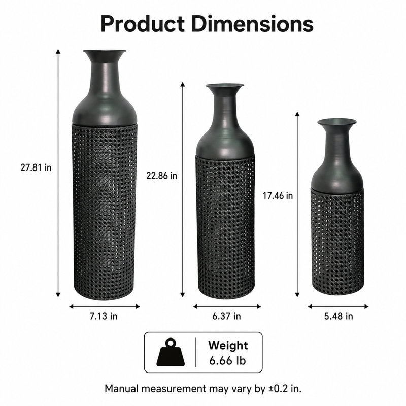 Ensemble de 3 vases de sol en métal avec motif de feuilles, noir et gris