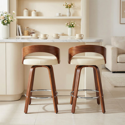 Swivel Bar Stools Set Of 2, 24.6" Counter Height Bar Stools, Mid-Century Modern Upholstered Beige Barstools With Bentwood Curved Back And Legs, Comfortable Footrest, For Kitchen Island Counter