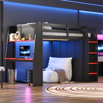 Stairwell Loft Bed with Built-in Desk LED Lights Stair Storage and Wardrobe Closet