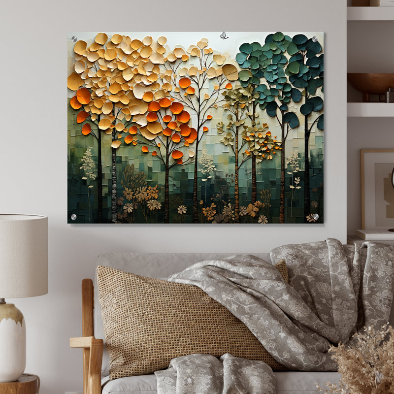 «Orange Orange Trees», art mural acrylique sur arbres, H 16 po x l 32 po