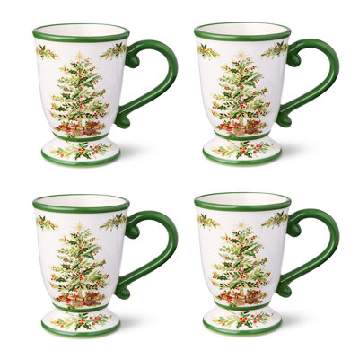 Tasses de Noël Holly Tree - Ensemble de 4 tasses de Noël en céramique de 16 oz avec motif d'arbre classique, lavable au lave-vaisselle, verres saisonniers confortables pour le café, le thé et le cacao