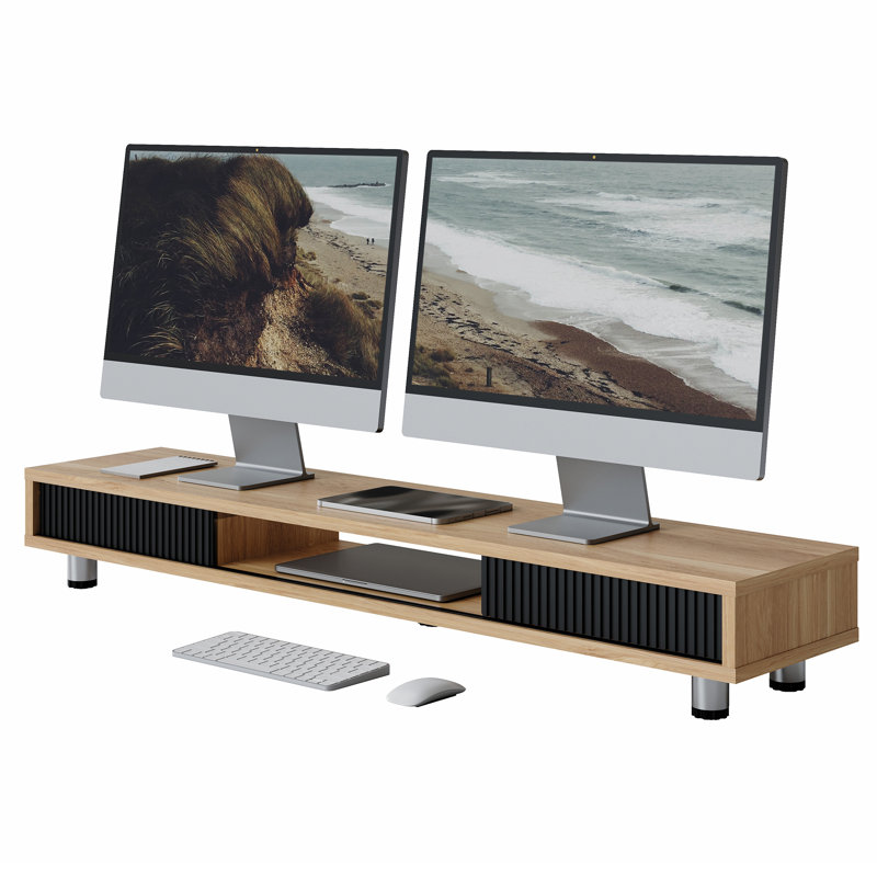 Support pour écran double, tablette de bureau 42,5 po avec 2 tiroirs, chêne foncé