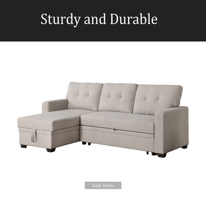 Convertible Upholstered Sectional Sofa With Pull-Out Chaise, Beige, Right Hand Facing