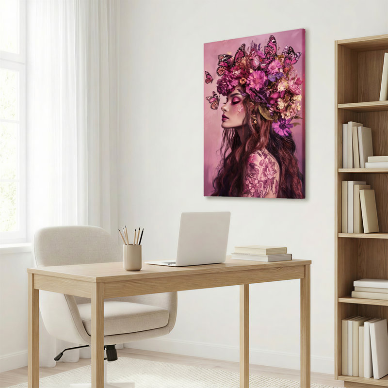 Ensemble de 1 tableau mural sur toile tendue représentant un portrait de papillon et de fleurs, H 24 po x l 16 po