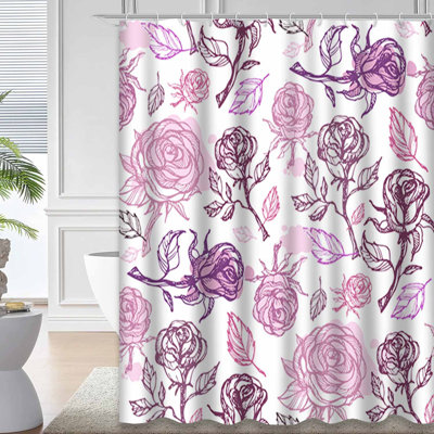 Waterproof Drawn Floral Blossom Bath Doodle Rose Shower Curtain with 12 Hooks