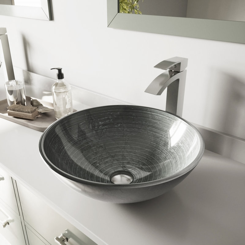 Giovanni Giovanni Round Glass Vessel Bathroom Sink with Faucet, Simply Silver, Brushed Nickel