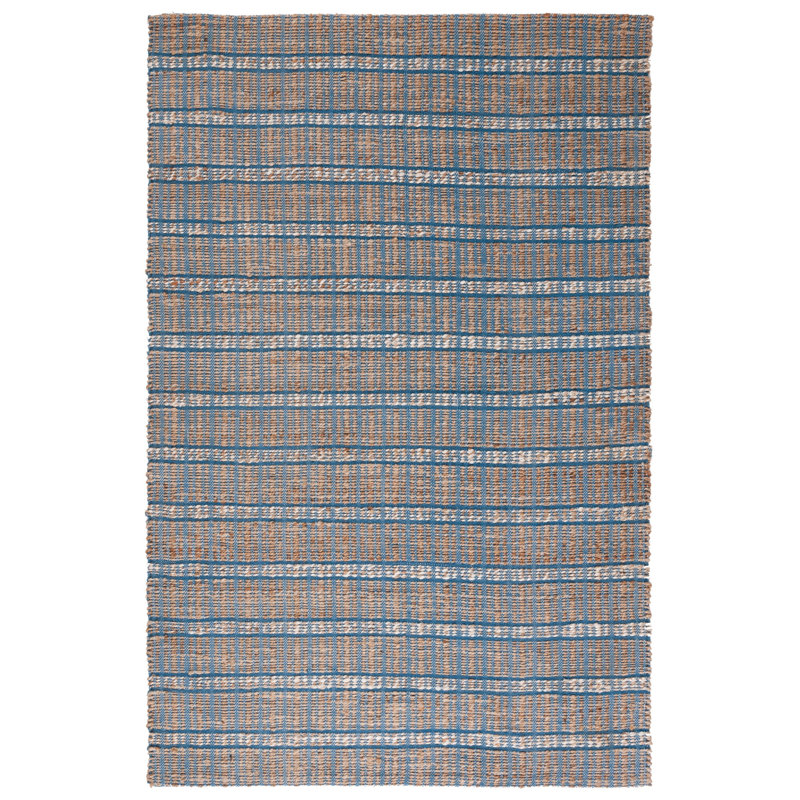 Oullins Natural Fiber Flat Weave Jute/Cotton Striped Rug in Blue/Natural, Rectangle 10' x 14'