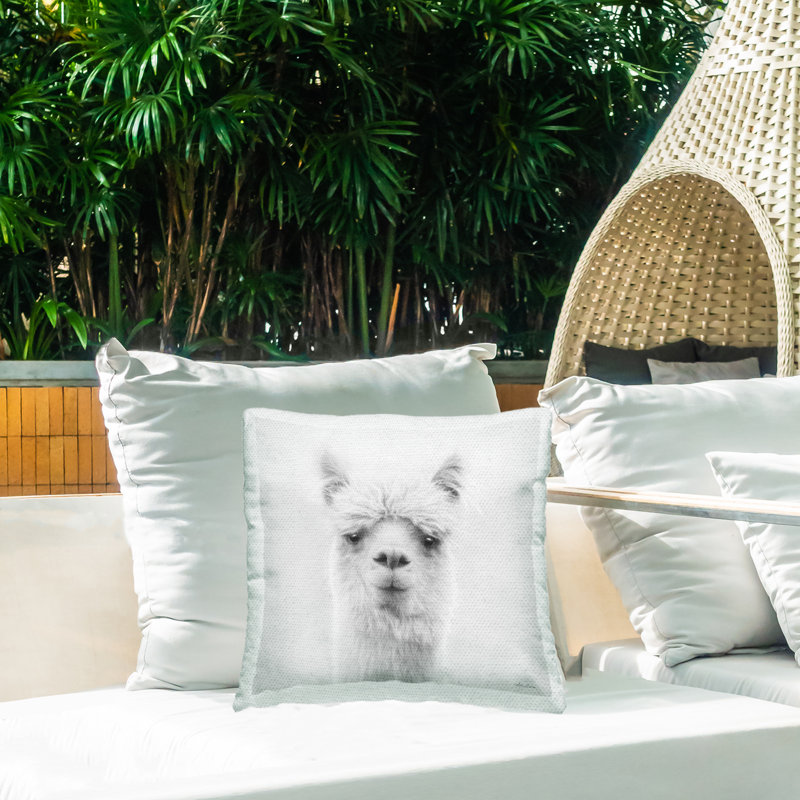 Coussin d'extérieur à imprimé de portrait de campagne en lama par Lori Deiter