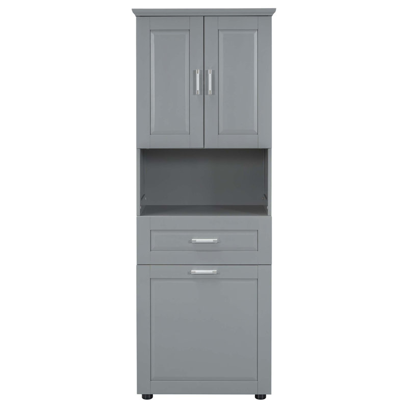 Grande armoire de salle de bain avec panier à linge, grand panier à linge inclinable et armoire de rangement supérieure, Gris