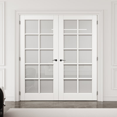 Porte française intérieure en verre givré 10-Lite 72 "x 80" avec quincaillerie noire et loquet et levier de porte, dalle de porte en verre trempé avec intimité, pouvant être peinte et imperméable, combinaison pour la lessive, portes de placard, portes de pièce, assemblage requis