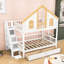 Lit superposé en bois avec porte fenêtre et toit, tiroirs de rangement et escalier-891184494