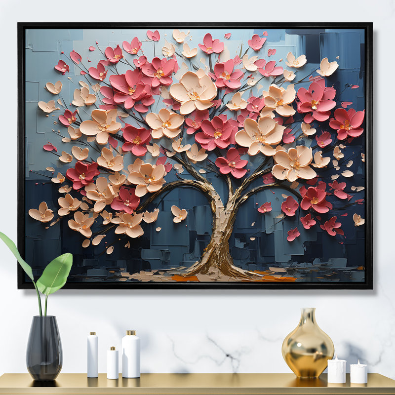 Arbre de pétales dynamique blanc et rose V - art mural arbre, Cadre flottant noir, H 12 po x l 20 po x P 1 po