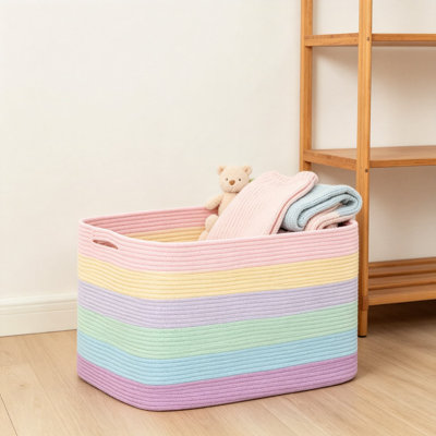 Panier de rangement extra large en corde de coton tressée avec poignées, bac de rangement rectangulaire pour couvertures, linge, serviettes, chaussures, jouets pour chien, couleurs pastel arc-en-ciel