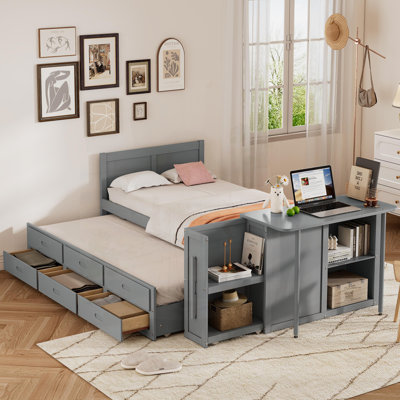 Lit plateforme simple en bois avec bureau, tablette de rangement, lit gigogne intégré et 3 tiroirs pour une utilisation optimale de l'espace