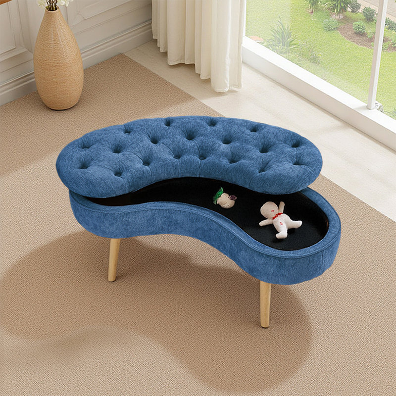 Chenille Upholstered Storage Bench, Blue, Blue