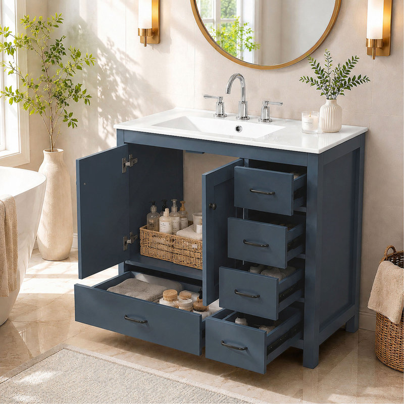 Ensemble de meuble-lavabo 36 po avec lavabo en céramique, armoire de rangement abondante, 2 portes à fermeture douce et 5 tiroirs