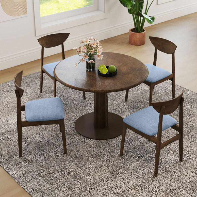 Wooden Dining Chair Linen Fabric Upholstered Kitchen Chairs w/ Padded Seat, 4