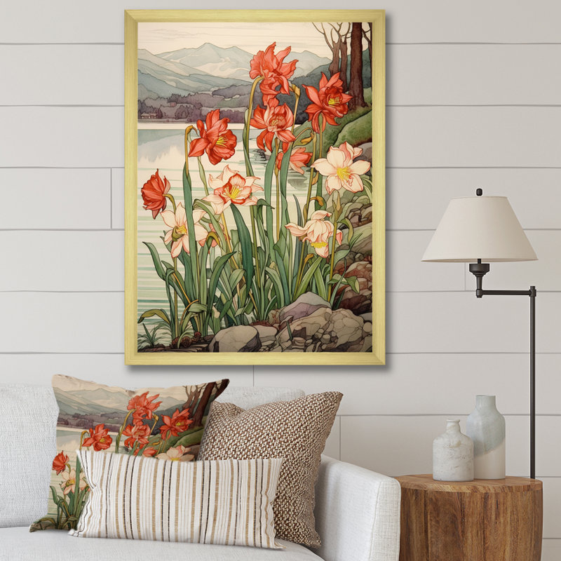 Tulipes rouges en fleurs - Illustration rétro I - impression, Cadre photo doré simple, H 20 po x l 12 po x P 1 po