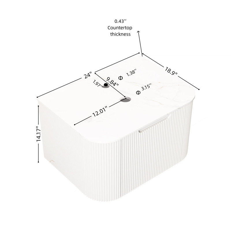 Meuble de rangement mural pour salle de bain en contreplaqué de 48,2 cm de large, plateau en pierre frittée blanche, tiroir unique avec ouverture rainurée et motif à rayures 3D, surface de robinetterie sans bonde, panneau étanche.