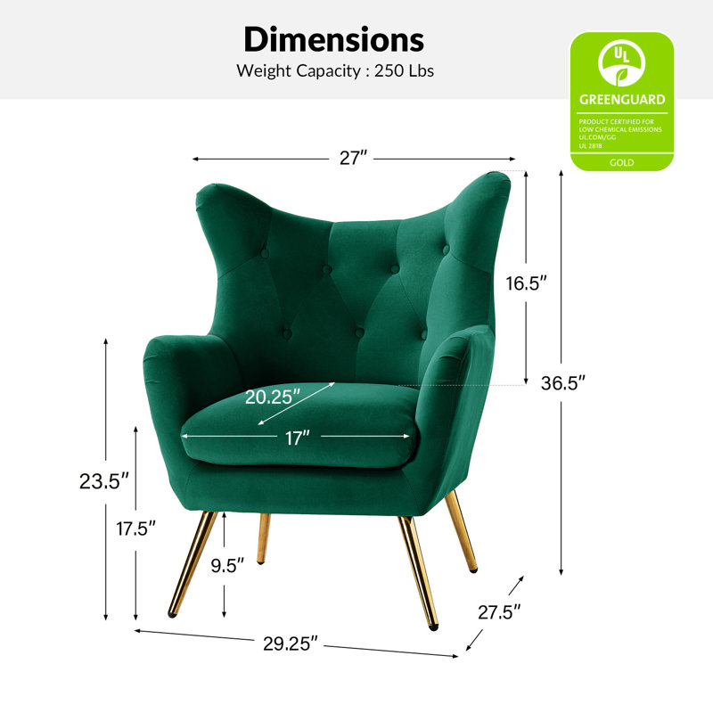 Avianna 29.25'' Wide Tufted Velvet Wingback Chair, Green Velvet