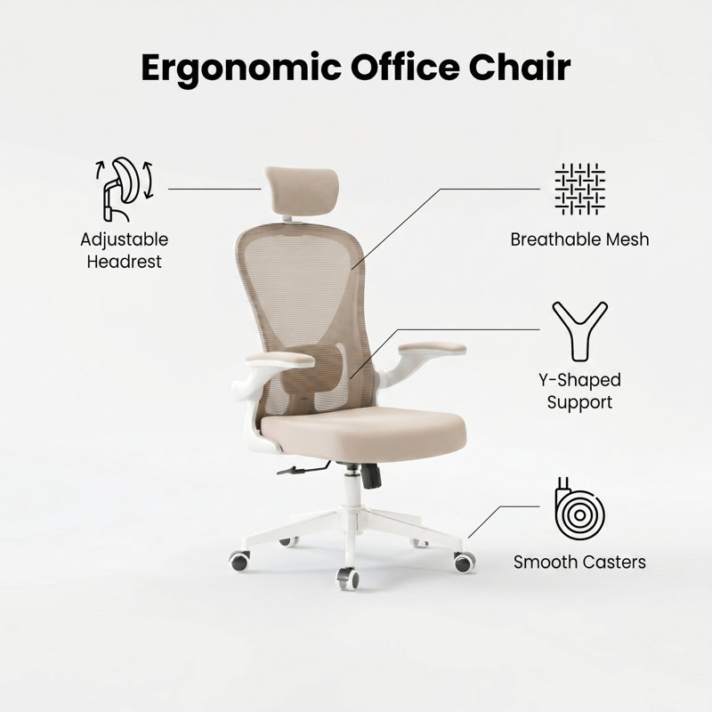 Ergonomic, breathable mesh office chair: features a headrest, lumbar support, and flip-up armrests