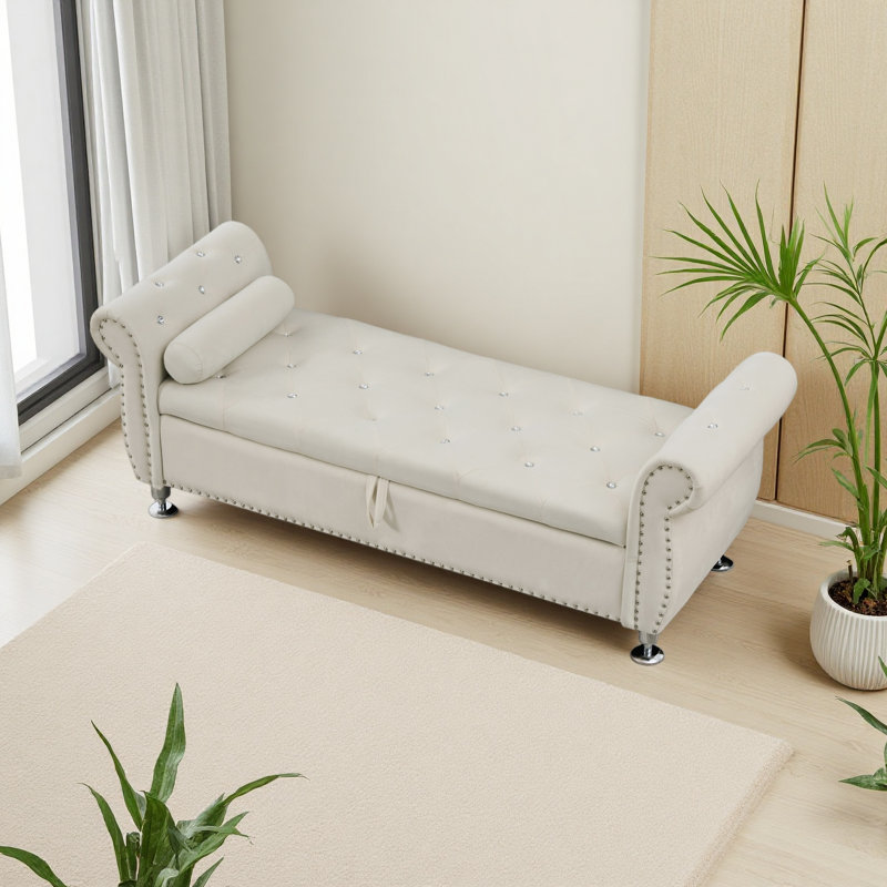 Banc de rangement en velours de 62,2 pouces avec boutons en cristal et 1 coussin pour la chambre à coucher et le salon, Beige