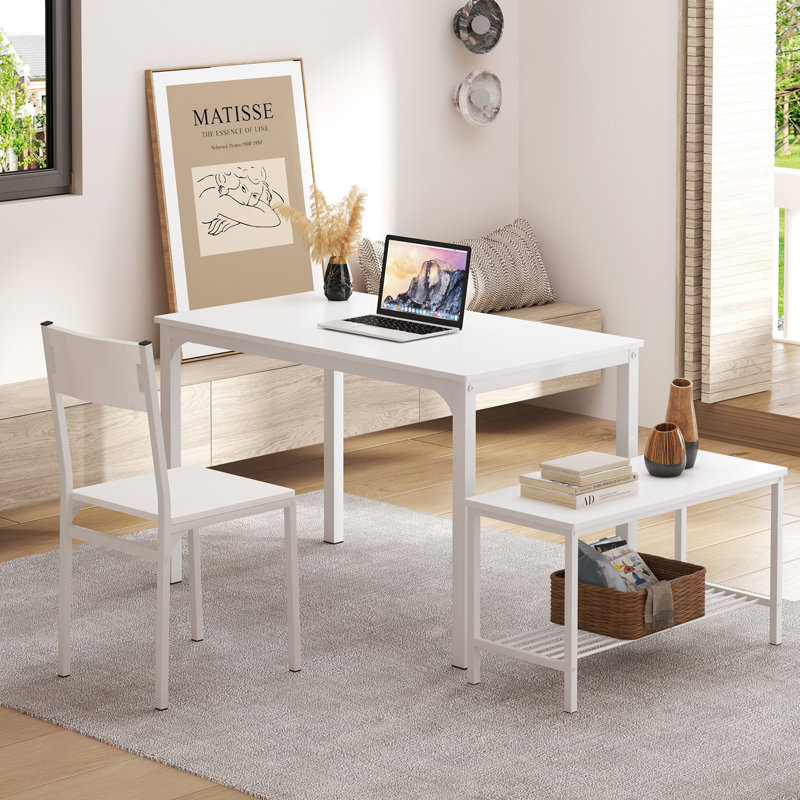 Pickell 4-Person Dining Table Set, 2 Chairs With Backrest,2-Person Bench With Storage Rack, White