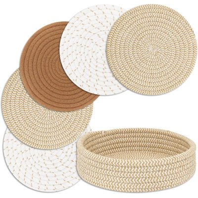 Sous-plats pour plats chauds, casseroles et poêles, sous-plats chauds avec panier de rangement, porte-casseroles pour la cuisine, tapis résistant à la chaleur Protéger les articles essentiels pour la maison, décor de ferme (mélange de 5 pièces brun)
