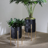 Modern Metal Planter Pots with Stands - Decorative Iron Plant Holders for Indoor & Outdoor Use, Sleek Contemporary Design, Durable & Elevated Display - Set of 2