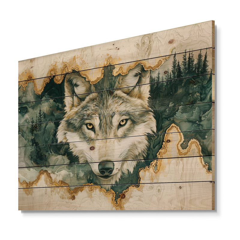 Loup en hiver, forêt, rivière à encre II - loup, art mural en bois sur bois de pin naturel, H 34 po x l 44 po x P 0,78 po