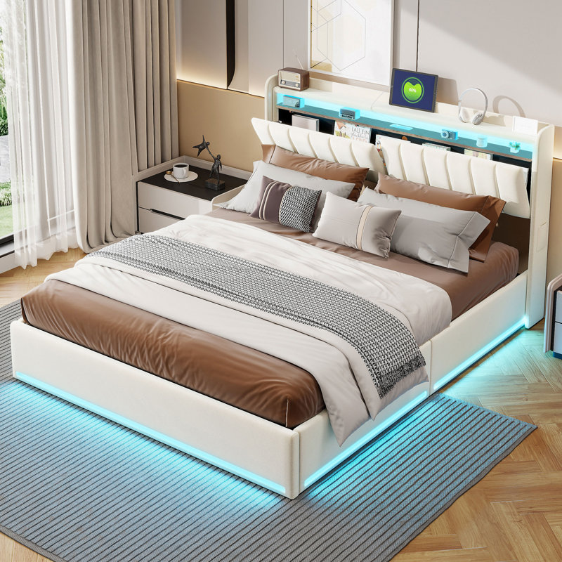 Upholstered Ottoman Storage Bed, Beige, European King (160 x 200 cm)