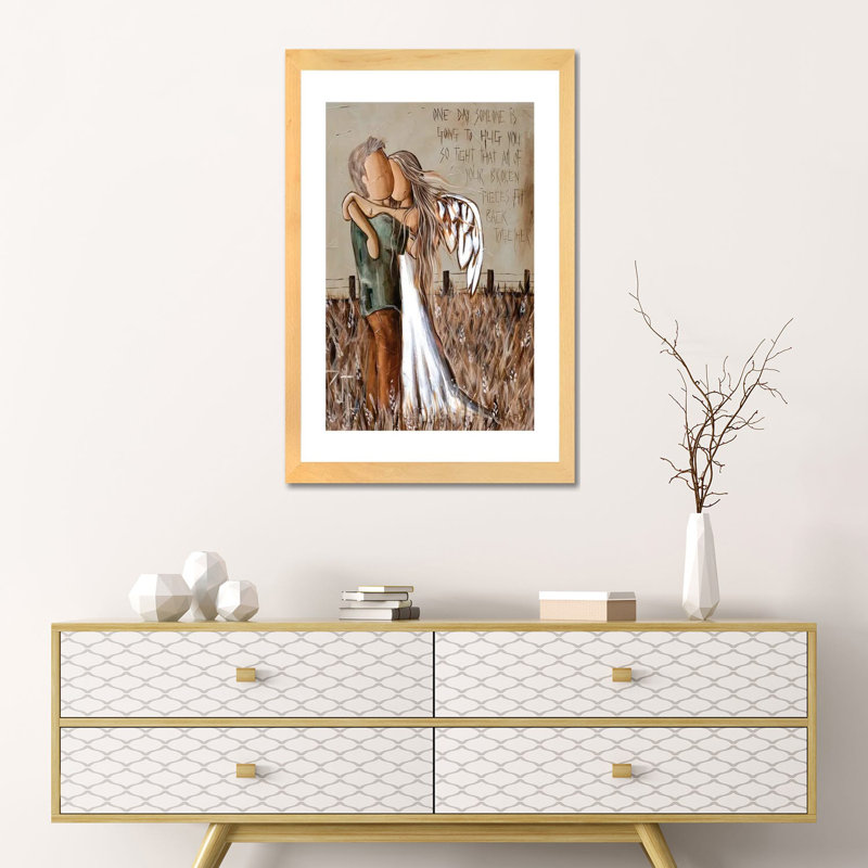 Reproduction d’art, "One Day quelqu’un" par rut art Creations, Toile avec cadre en bois beige, Blanc