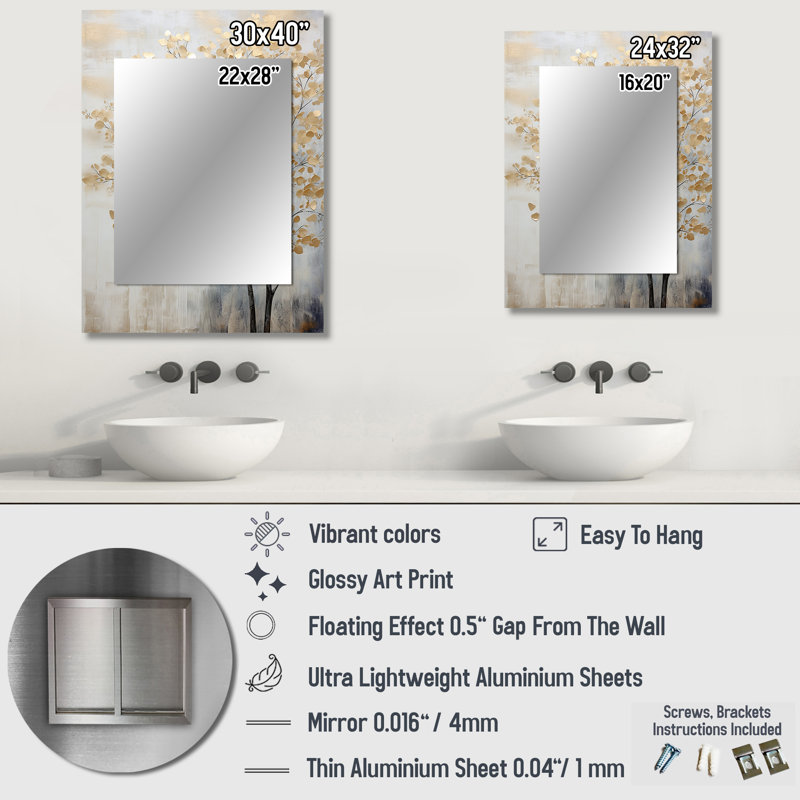 Minimalisme doré et scène d'arbres bleus - miroir mural unique, miroir traditionnel, art en métal, 32 po x 24 po