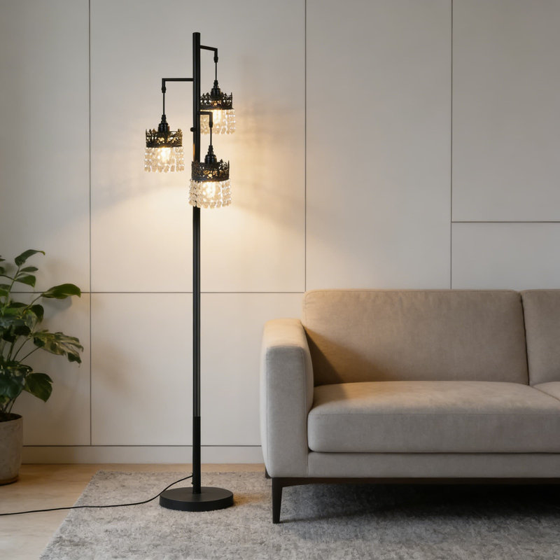 69-Inch Modern Floor Lamp With Stepless Dimming, 3 Included LED Bulbs, Weighted Anti-Tip Base, Crystal Accents For Living Room, Bedroom, Office