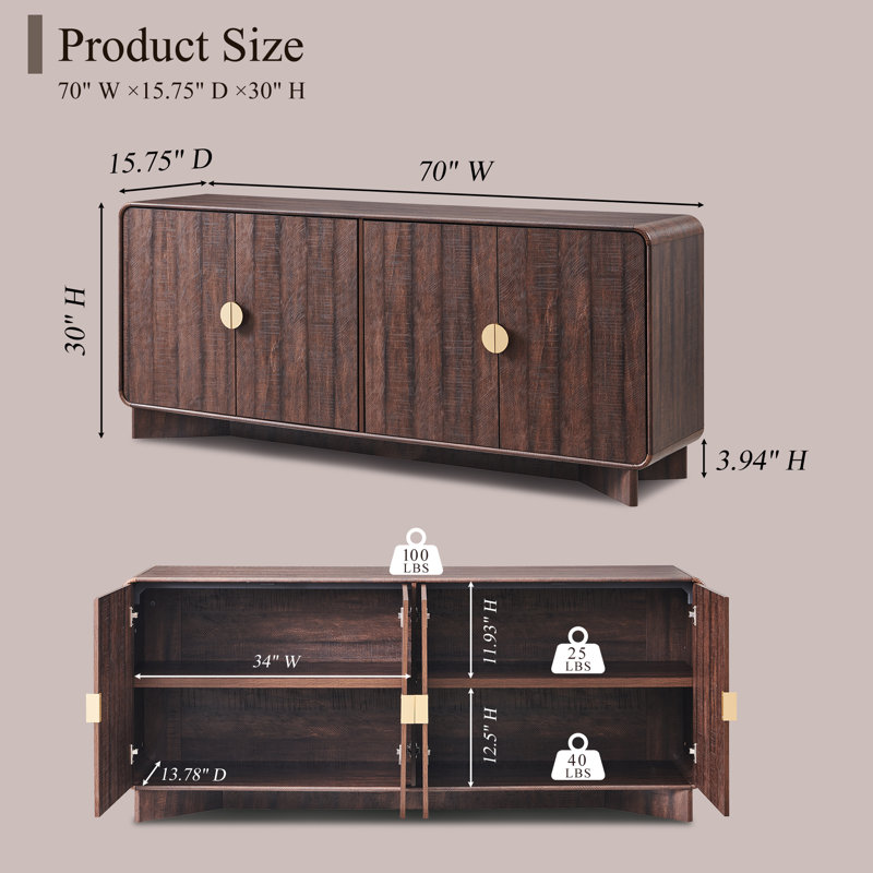 Grande armoire de rangement 70 po avec 4 portes et tablettes réglables Modern, Brun
