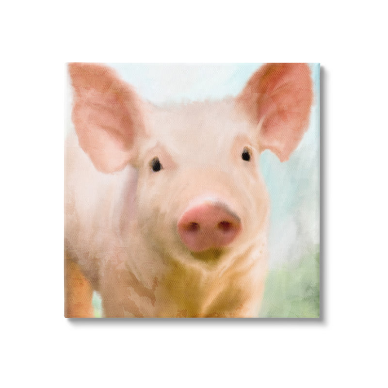 Gros plan sur un cochon ludique rose ludique par Kim Allen - Peinture, H 17 po x l 17 po x P 1,5 po, Toile tendue