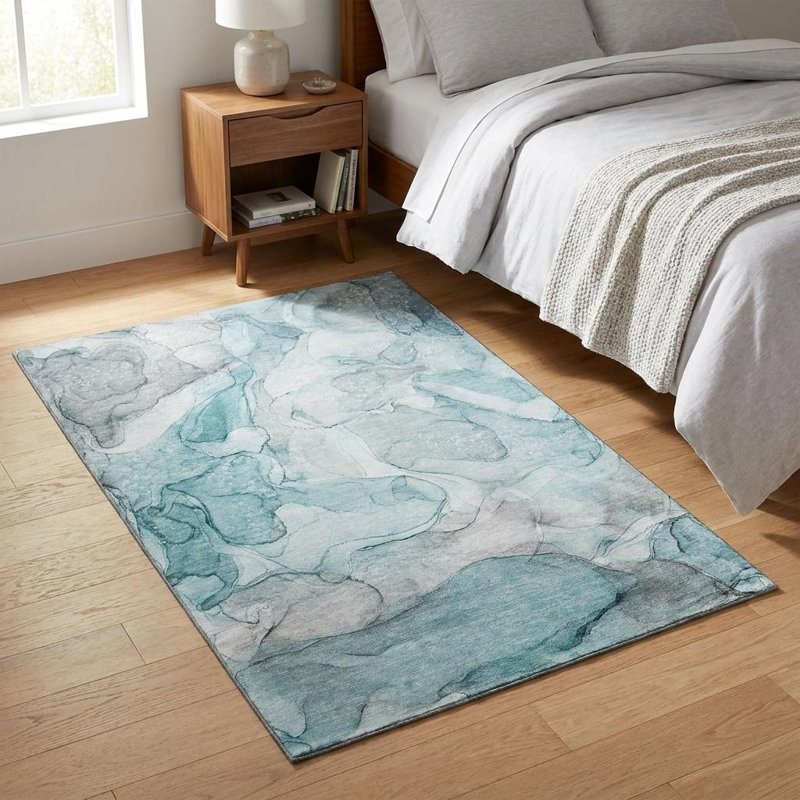 Tapis bleu sarcelle et ivoire lavable abstrait 3 pi x 5 pi avec protection UV