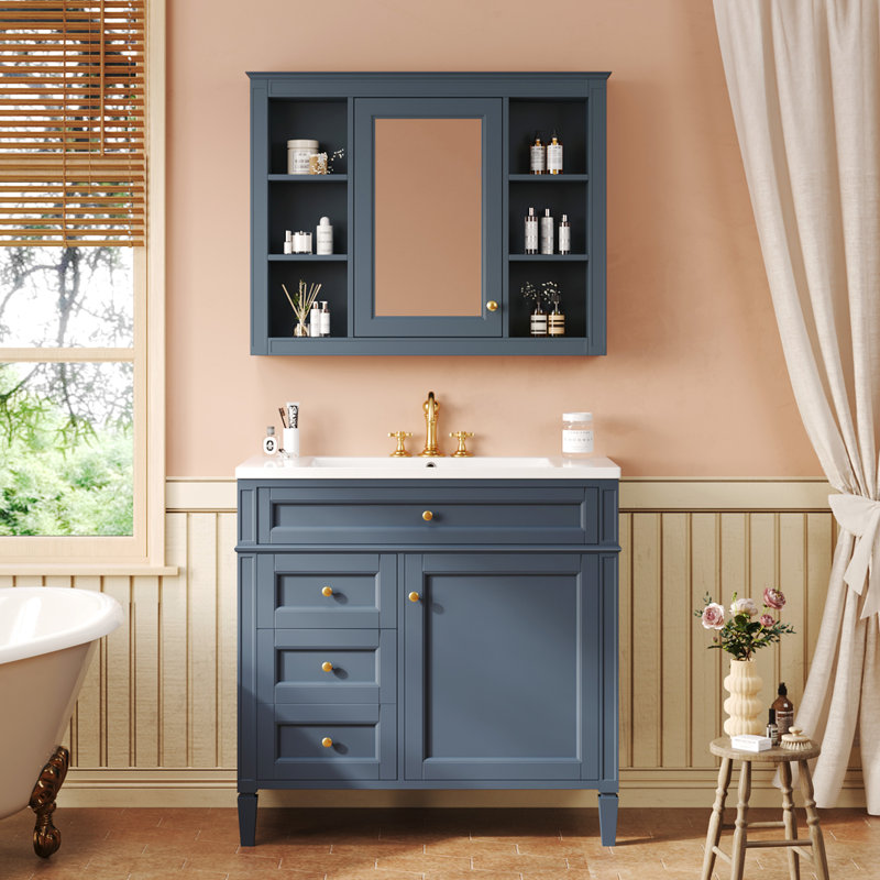 Meuble-lavabo moderne de 36 po avec pharmacie et miroir, bleu rectangulaire, tiroirs à fermeture douce, rangement pour miroir de lavabo de construction, forme rectangulaire, portes, idéal pour le rangement