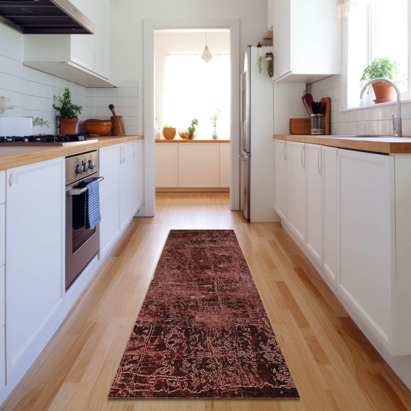 Tapis de qualité supérieure lavable à la machine Cerrito AMF559 Merlot, Tapis de couloir 2 pi 3 po x 7 pi 6 po