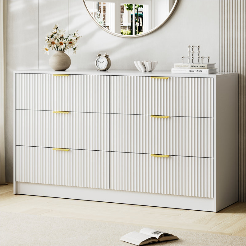 Fluted Dresser For Bedroom With 6 Drawers, 55.1" Wide Modern Chest Of Drawers With Metal Handle, White