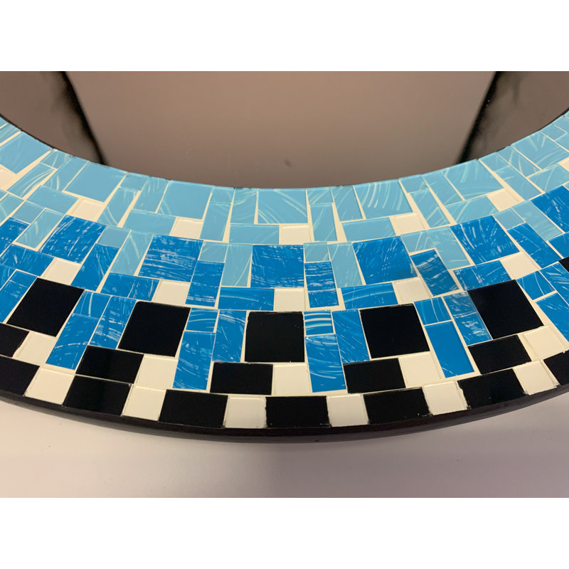 Pekalongan Mosaic Mirror, Wall Art Décor – Handcrafted Decorative Wall Mirror, Blue, White, and Black Mosaic Mirror, 24” Frame, 15" Round Mirror for Hallway, Bedroom, Bathroom, Living Room