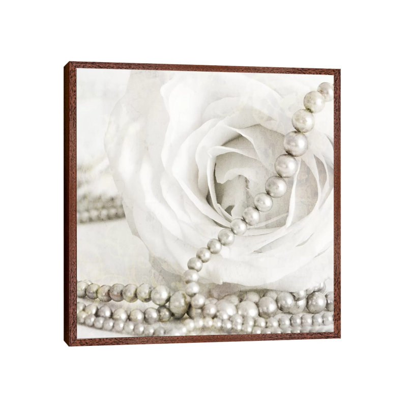 White Rose With Pearls by Tom Quartermaine - Print on Canvas, 45.72 cm H x 45.72 cm W, Classic Brown Wood Framed