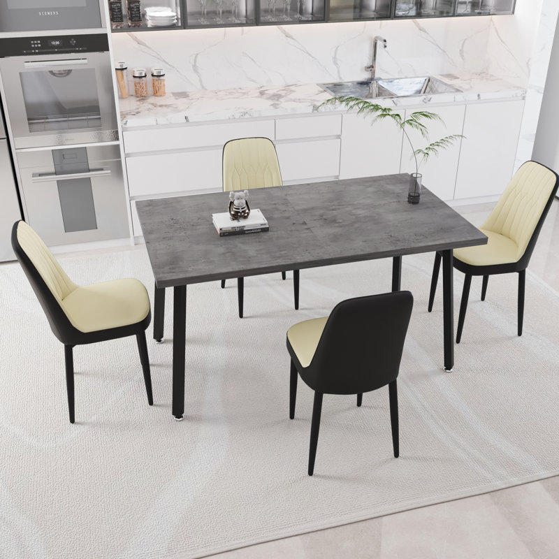 Ensemble de table de salle à manger extensible et moderne avec 4 chaises en tissu PU, pieds en métal noir