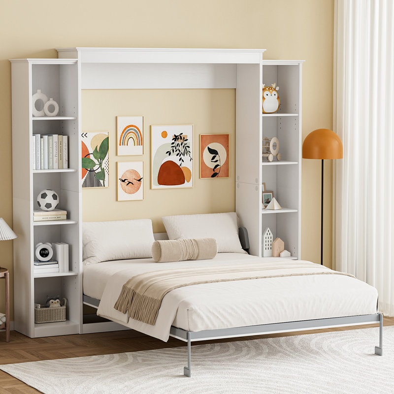 Lit escamotable Murphy avec tablettes de rangement, Blanc, Grand lit