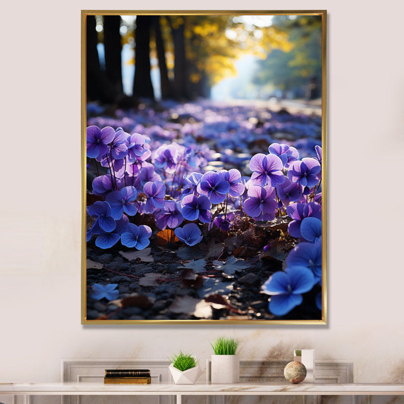 " Violets Whispering Forest I ", 44" H x 34" W x 1.5" D, Gold Floater Framed