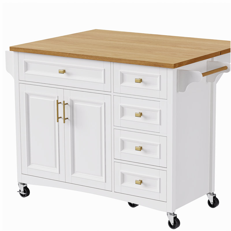 52-inch kitchen island with lid, embossed kitchen island, spice rack with wheels, towel rack, 2 doors and 5 drawers, kitchen storage cart with adjustable shelves, white