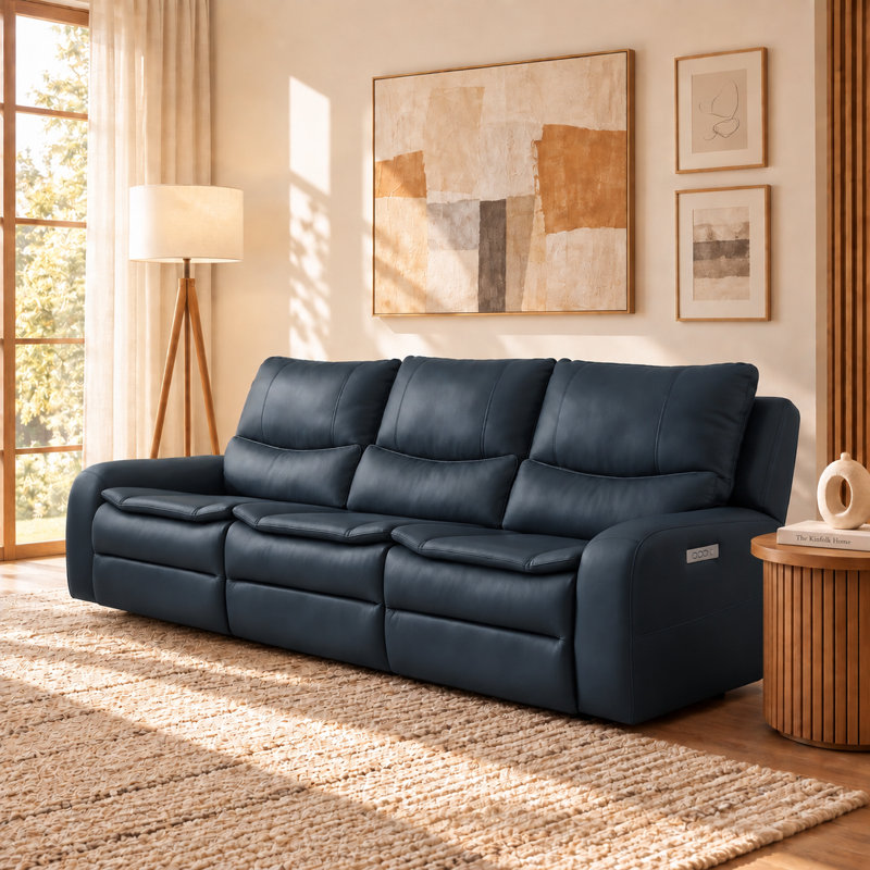 113'' Oversized Dual Motor Faux Leather Power Reclining Sofa Adjustable Headrest with USB and USB-C Ports, Bleu
